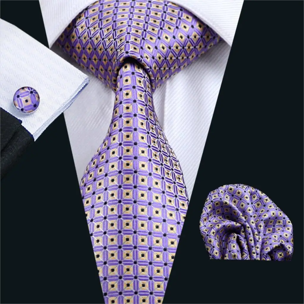 

FA-572 Gents Necktie Purple Plaid 100% Silk Jacquard Tie Hanky Cufflinks Set Business Wedding Party Ties For Men Free Shipping
