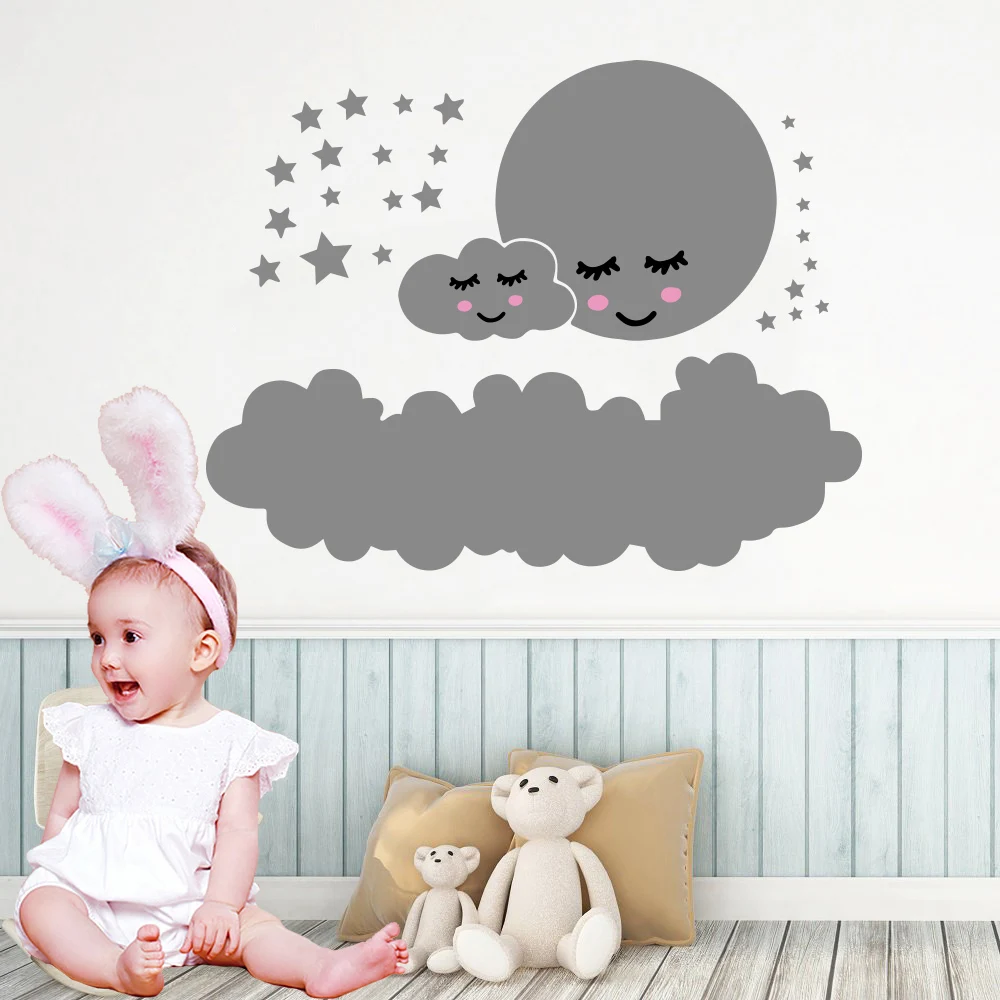 Personalized Clouds Baby Vinyl Wall Sticker Shy Moon Nursery Room Decoration Wallstickers For Bedroom Decor Mural Wallpaper