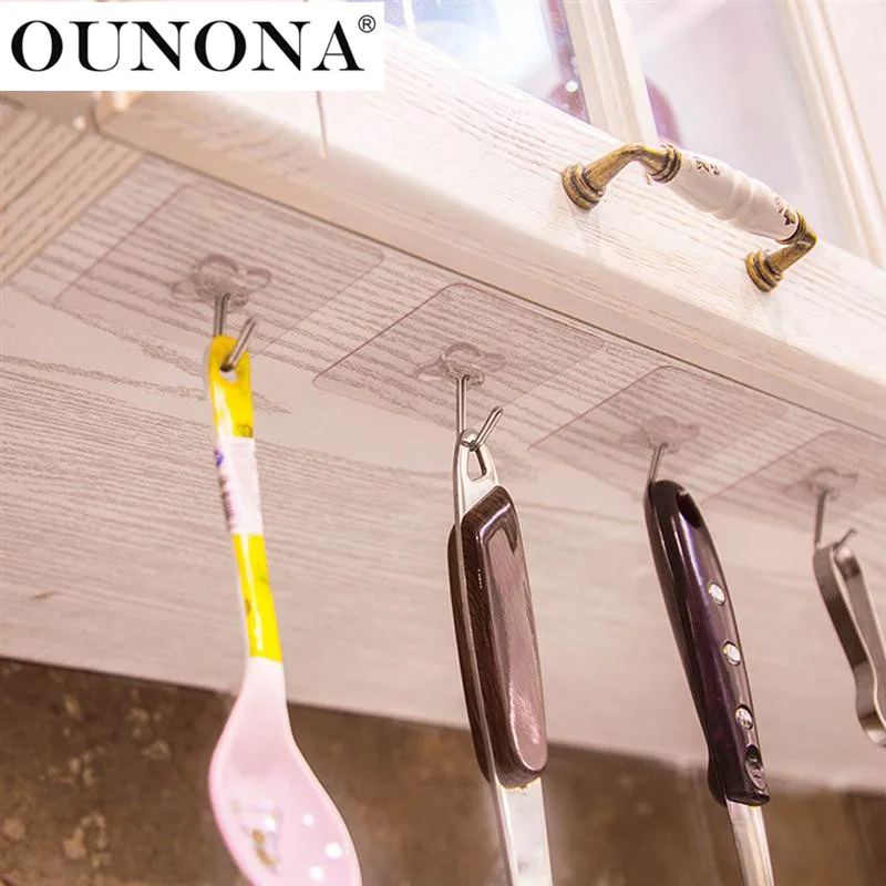 OUNONA, 6 шт., клейкие крючки для шкафа, Крепкие присоски, дверные крючки, прозрачная кухонная вешалка, вешалка для ключей, посуда, крючок для полотенец, вешалки