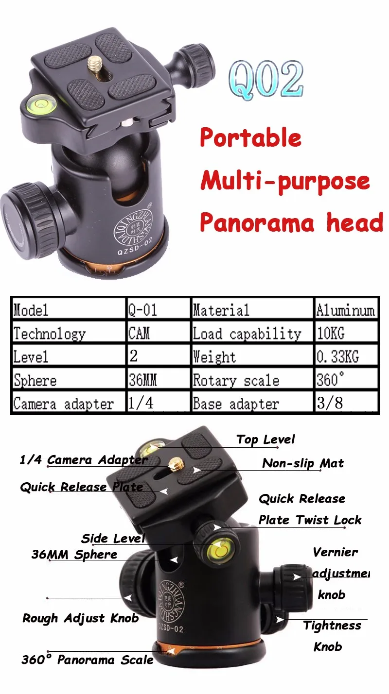 QZSD-Q02 Профессиональный штатив шаровая Головка для Pro DSLR Cameras10kg грузоподъемность Arca-Swiss совместимый