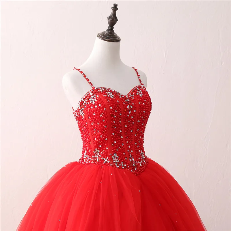 Красное бальное платье Quinceanera платья на тонких бретельках с жемчугом милое