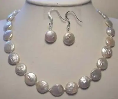 

hot Free shipping Natural 12MM white coin pearl necklace earring set hot