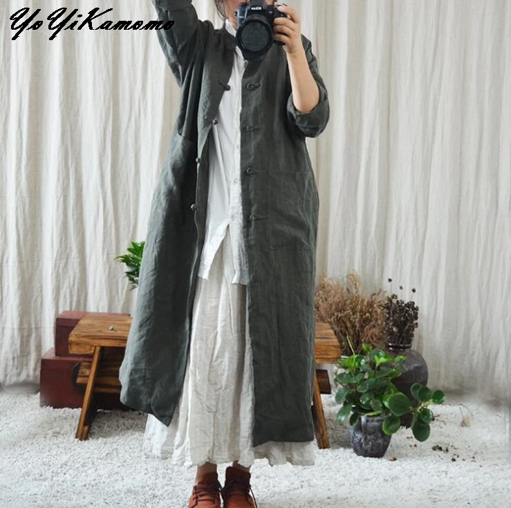 

YoYiKamomo Cotton Linen Women Trench 2017 Maxi Autumn Spring New Trench Long Brief Loose Women Clothing