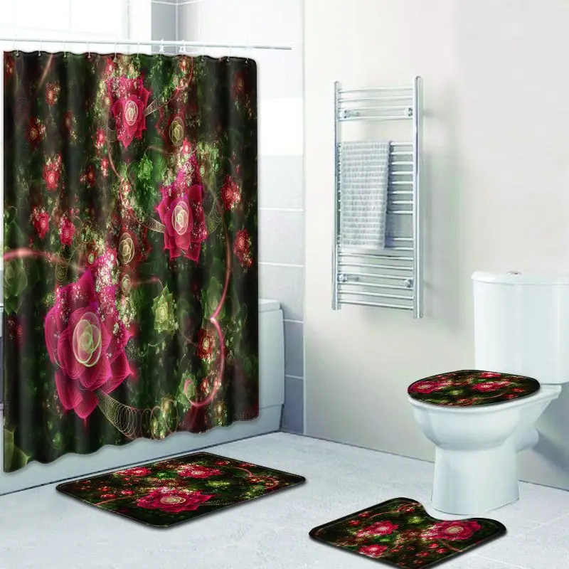 Zeegle цветочный узор ванная комната занавеска для душа и Ковер Наборы 4 шт. Противоскользящий туалетный коврик пол ковер коврики для ванной фиолетовый Быстросохнущий коврик - Цвет: Love04