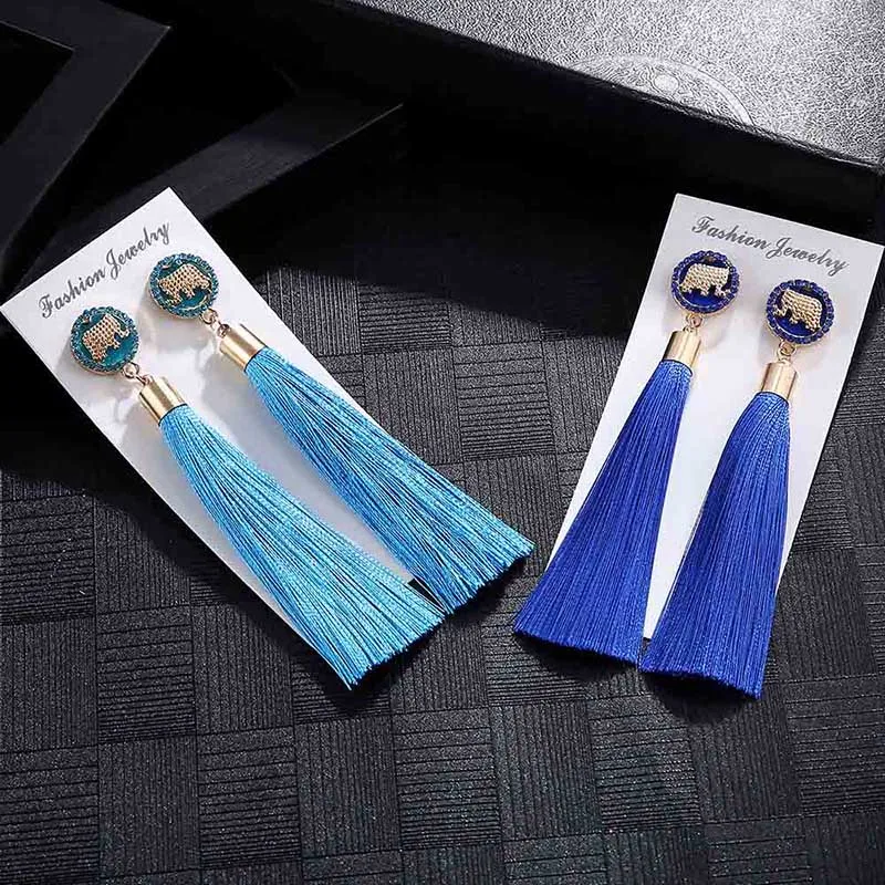 IMG_4202 Trendy Earrings Drop Earrings ElephantSilkDangleLongBohemianBlueMetalBohoGold Tassel Earrings For Women Jewelry