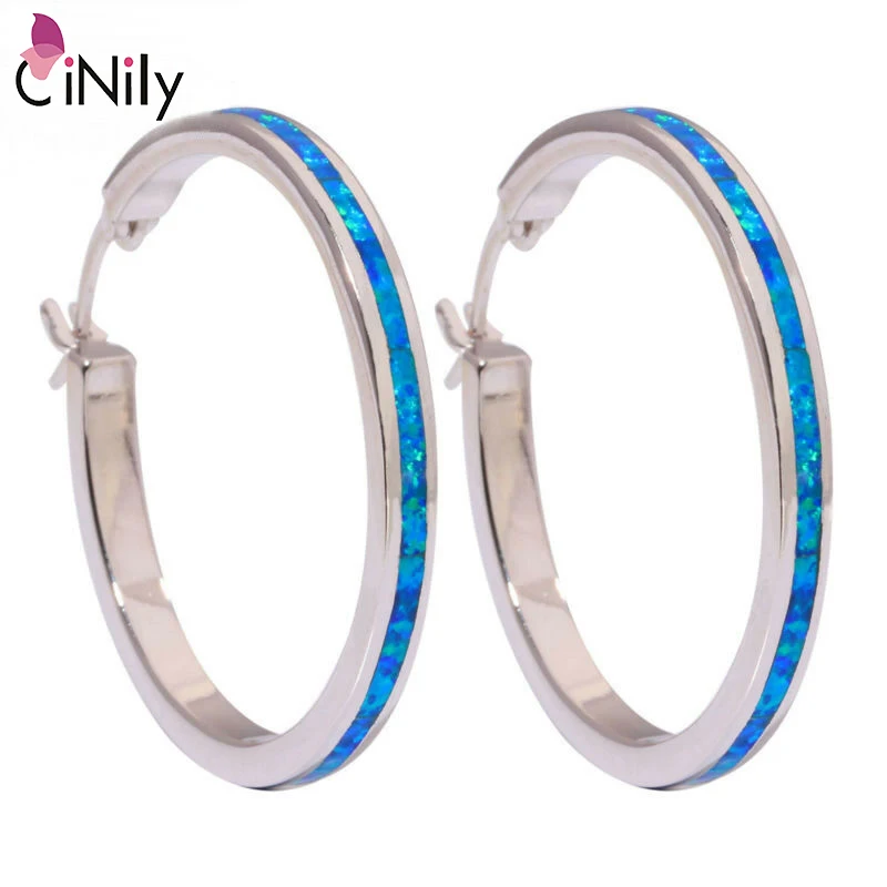 

CiNily Ocean Blue Fire Opal Large Hoop Earrings Silver Plated Round Circle Minimalism Simple Jewelry Best Gifts for Woman Girl