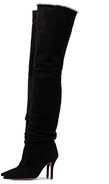 

Drop Shipping Fall 2018 Woman Brand Solid Black Pointed Toe Slip On Fold Metal Thin Heels Over The Knee Thigh Long Boots Lady