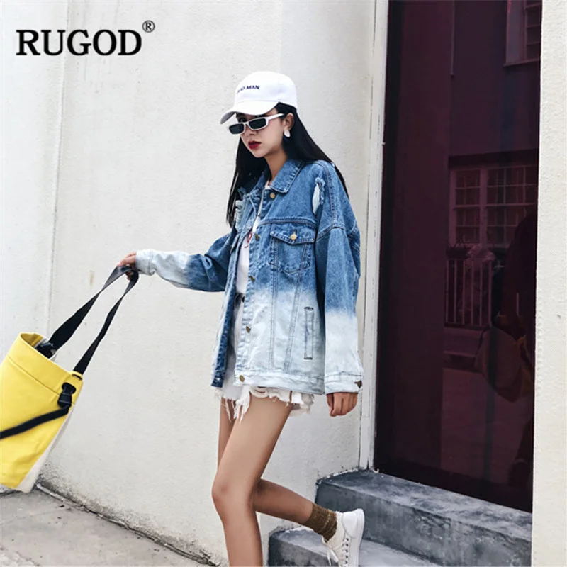 RUGOD Корейская градиентная джинсовая женская куртка с длинными рукавами уличная одежда с карманом однобортное модное весеннее и осеннее пальто modis