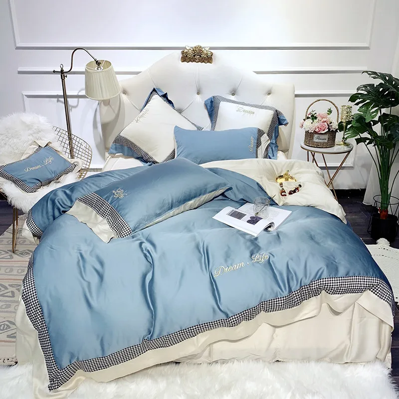 

2019 New Product Solid Color 4 Pcs Bedding Set tencel Bedclothes light Blue Bed Linens Duvet Cover Set Bed Sheet