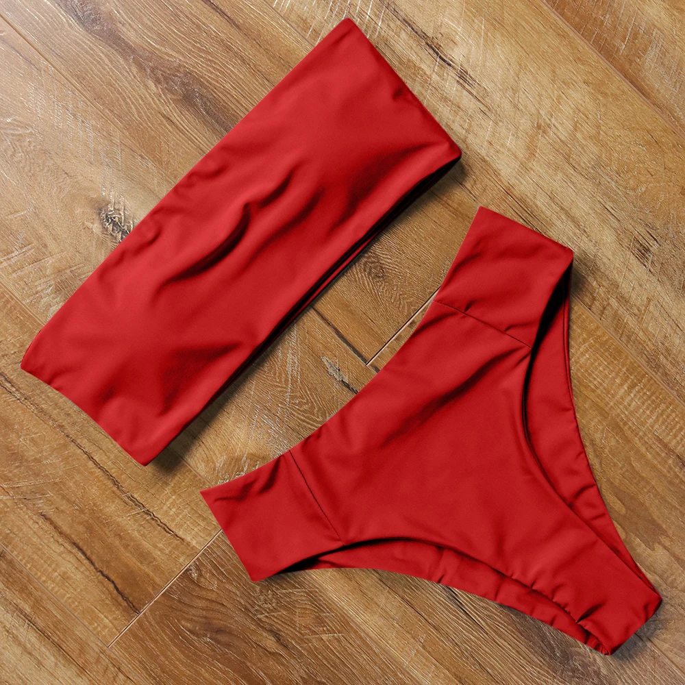Online MOSHENGQI Bandeau Top Badeanzug Push Up Bikini Set 2019 Sexy Mit Hoher Taille Feste Badeanzug Sommer Bademode Frauen Farbe Biquini