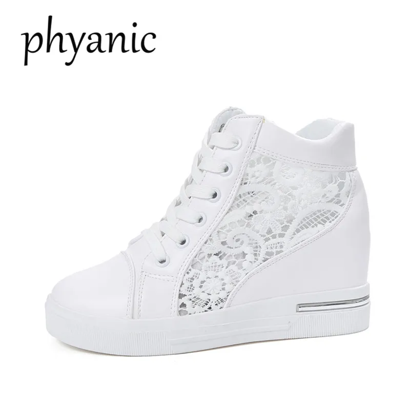 

Phyanic Women 7CM Hidden Heels Wedges Lace Up Casual Shoes Woman Fashion White Breath Height Incresing Shoes Pumps Without Heels