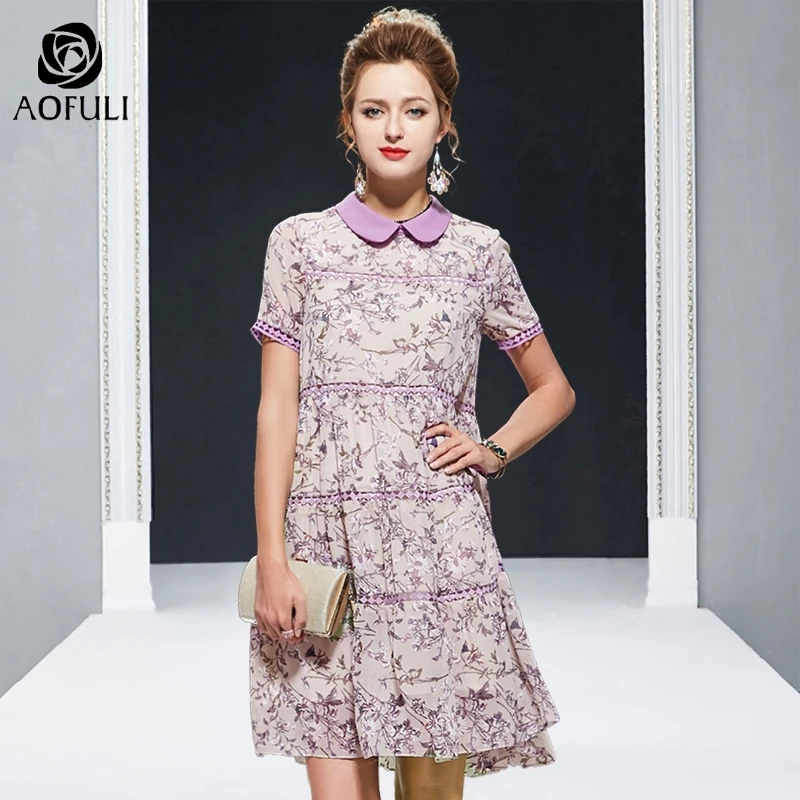 

2XL/3XL Purple floral lace stitching dress big size summer peter pan collar hollow out lace casual A-line dress AOFULI A4009