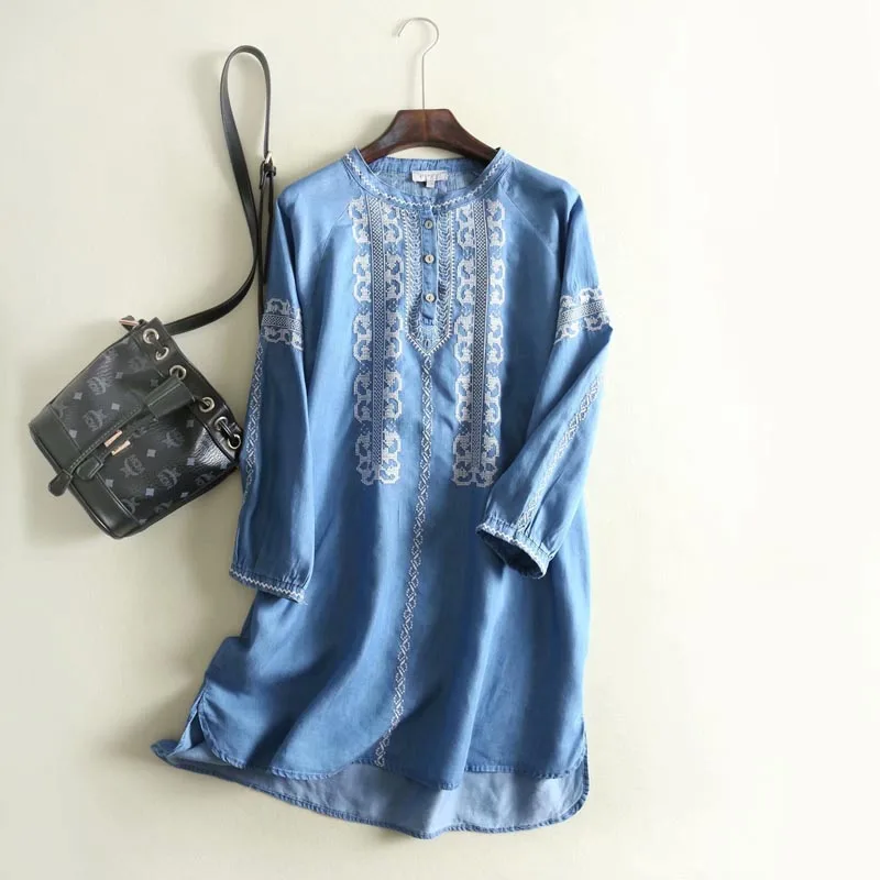QZ232 Новое поступление Модное Элегантное джинсовое платье с О-образным вырезом, вышивкой и пуговицами - Цвет: Light Blue