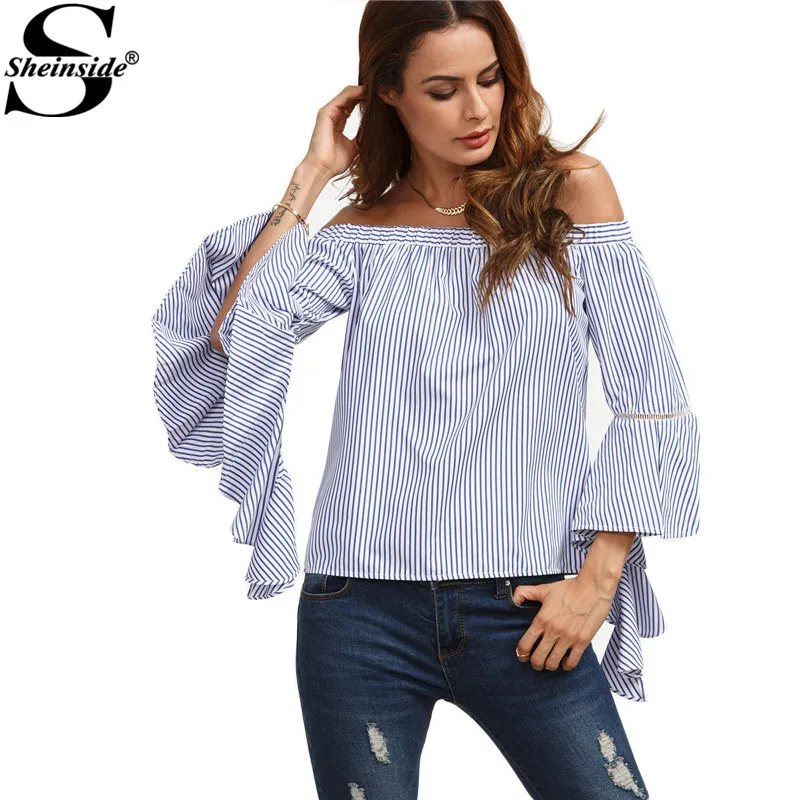 Sheinside Blue and White Women Tops and Blouses 2016 Striped Off The
