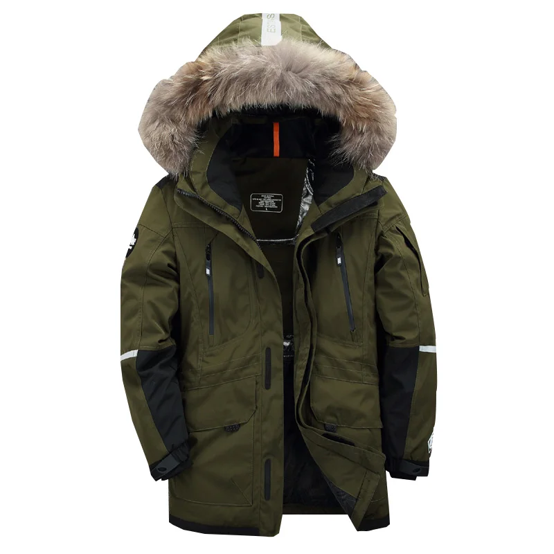 

New winter men's duck down coat & jacket real genuine fur with a hood outerwear black white red plus xxxl
