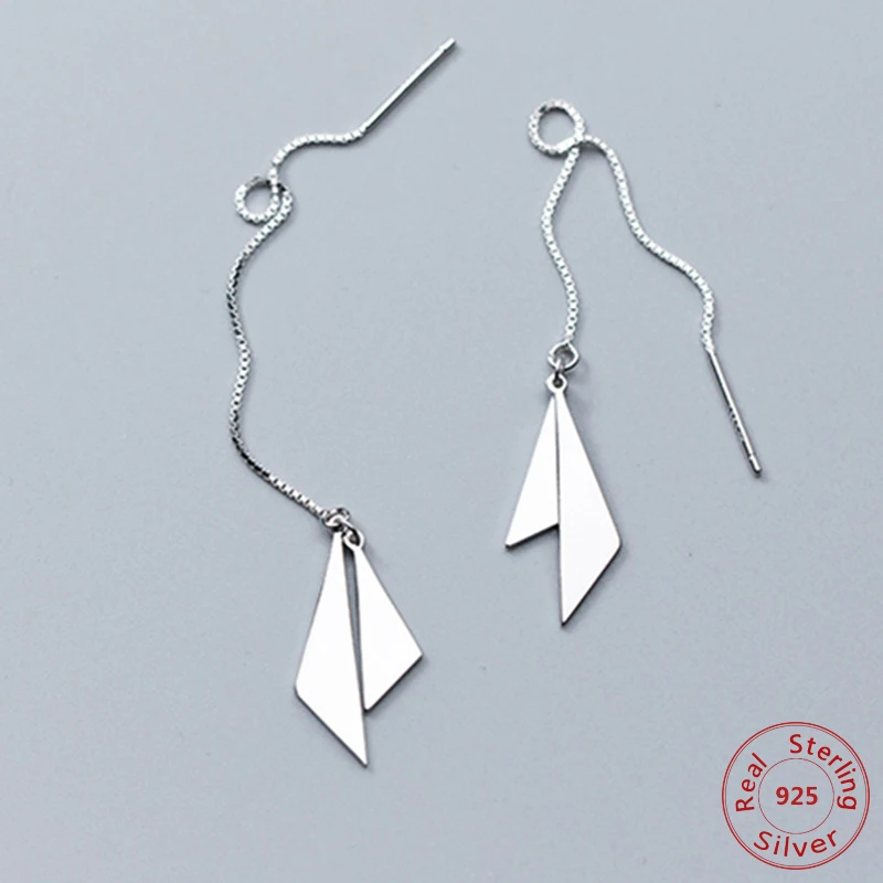 

Real 925 Sterling Silver Simple Geometric Debris Triangle Long Dangle Earrings Personality Temperament Drop Earrings for Women