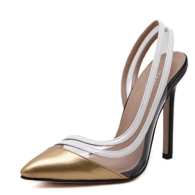 

Gold Red Women Pumps Shoes Combine PVC Transparent D'orsay Cut Out Crystal High Heel Sandals Woman Stilettos Wedding Shoes Sexy