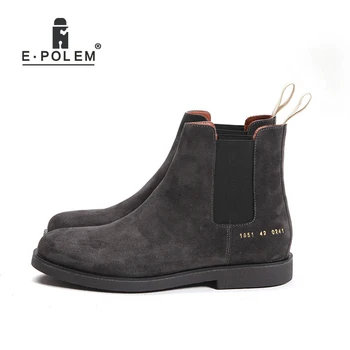 

New Winter Chelsea Casual Genuine Leather Men Boots Platform Men Flat Boot Shoes Deep Grey And Apricot Slip On Ankle Boots