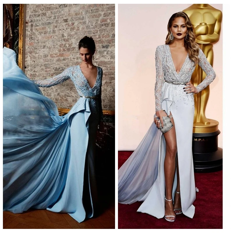 Aliexpress.com : Buy Zuhair Murad 2017 Split Evening Dresses Long Sleeved Plunging Side Slit