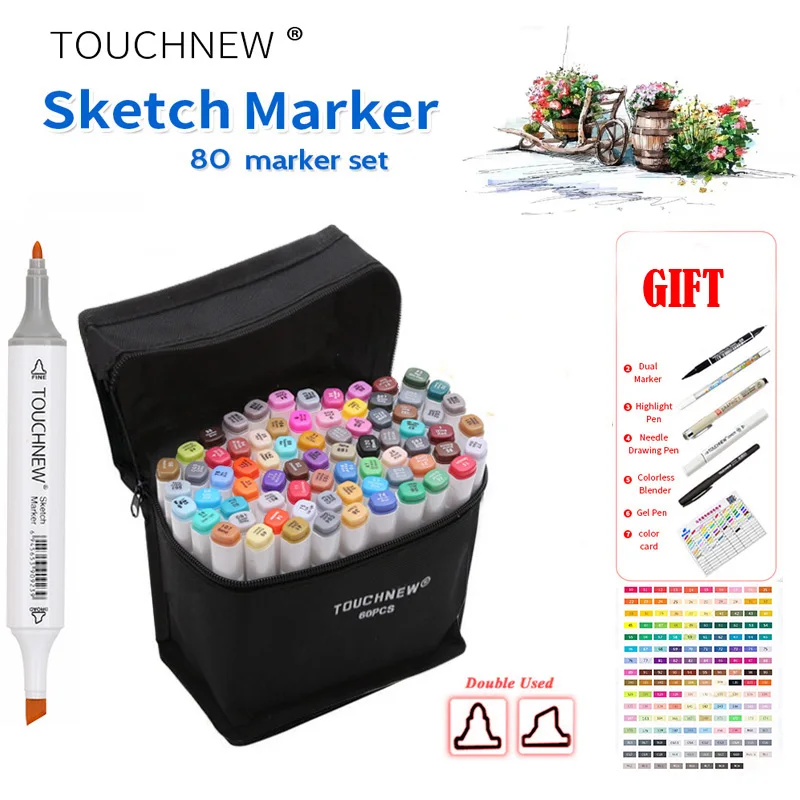 

TOUCHNEW SIX 80 Colors Dual Head Art Marker Pen Set,Alcohol Pen Sketch Marker Pen for Artist Drawing Manga Design Art Supplier