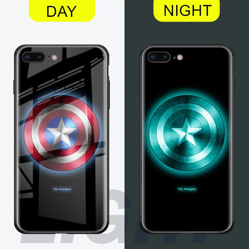 QINUO Marvel супергерой светящийся чехол для iphone 6 6s 7 8 Plus закаленное стекло чехол для телефона для iphone X XS Max XR Coque Funda Capa - Цвет: CaptainAmerica