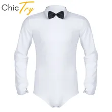 ChicTry Мужской черный/белый с длинным рукавом на молнии современный латинский танец трико рубашка с бабочкой комбинезон рубашка взрослый танцевальный сценический костюм