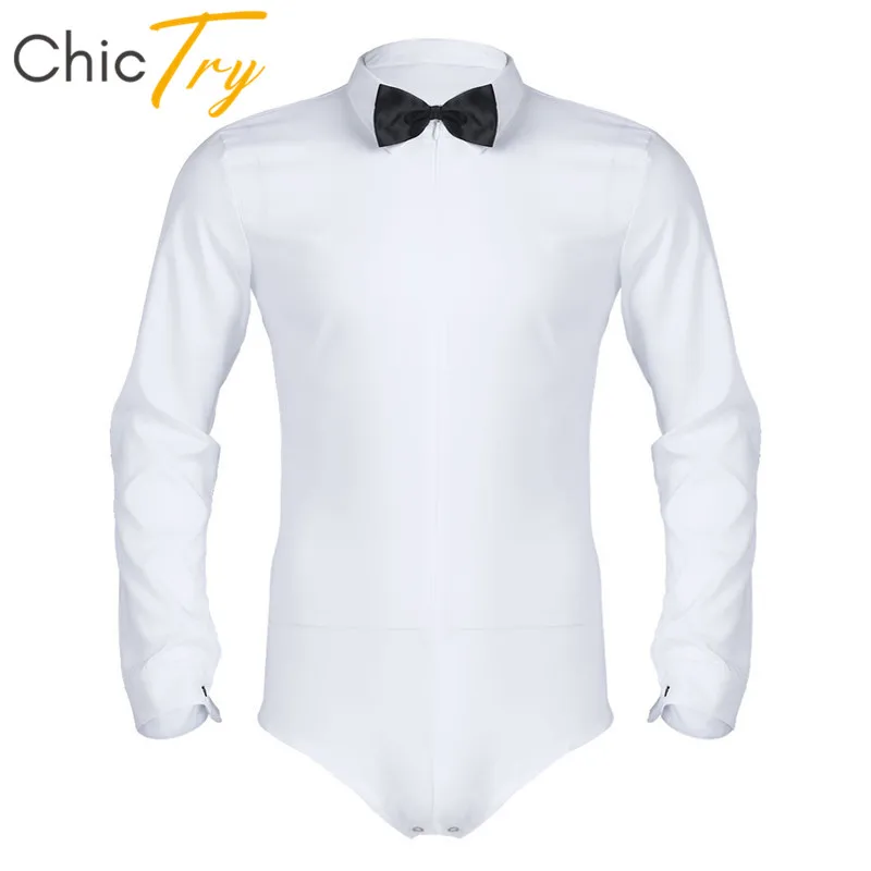 

ChicTry Men Black/White Long Sleeve Zippered Modern Latin Dance Leotard Shirt with Bowtie Romper Shirt Adult Stage Dance Costume