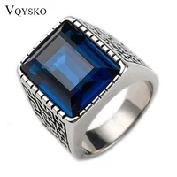 Men's Red Blue CZ Stone Gem Ring Vintage Stainless Steel Ring Men Wedding Bands Ring for Male Jewelry Anel