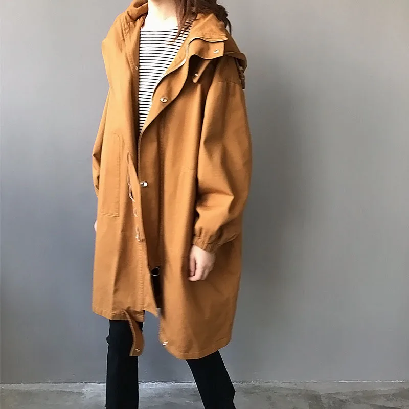 Plus noir camel La 2018 Pour vent Lâche Femmes Capuchon Coton Tranchée Manteau Mode Coupe Sauvage Taille À Printemps Beige Automne qqnPUvH