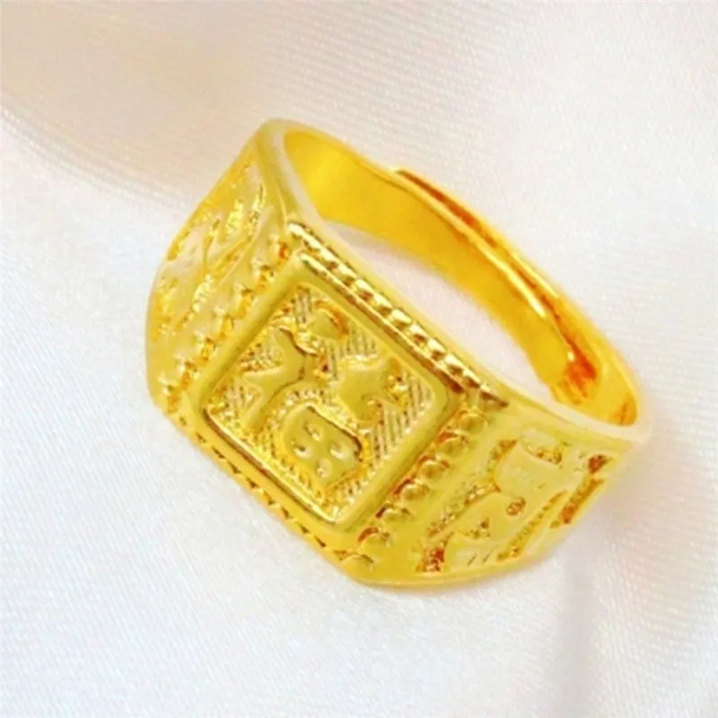 

FREE SHIPPING 24K 1:1 Quality Handmade Carved Characters Fortune-bringing Square Adjustable Rings for Men