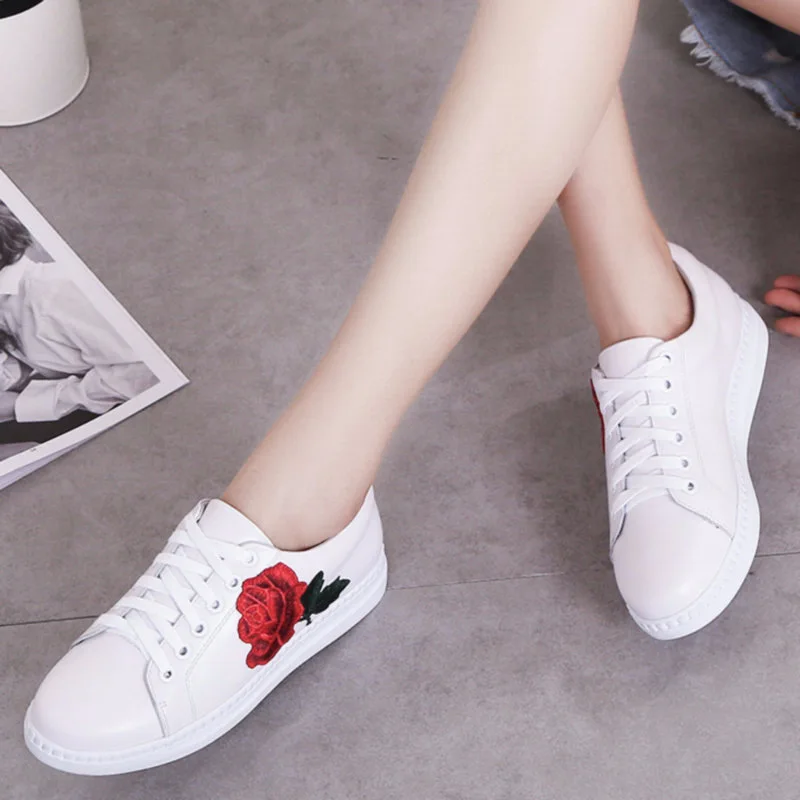 

F.N.JACK Womens Shoes Flower Pattern Embroidered White Geniune Leather Flats Shoes Women Lace Up Sneaker
