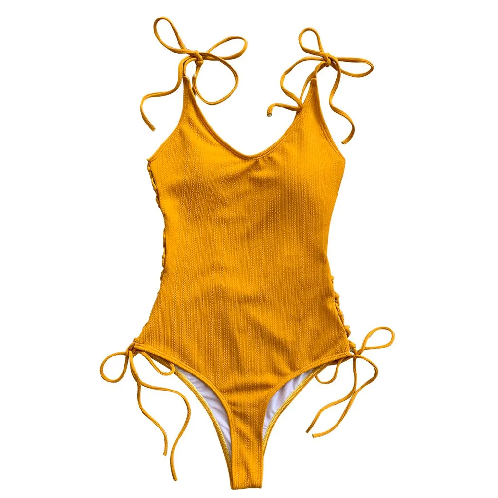 Желтый женский цельный бикини с бретельками тонкий сплошной купальник с открытой спиной пляжная одежда глубокий v-образный вырез бандаж Kostium Kpielowy Zwemjurk# AX