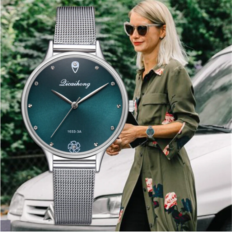 

Luxury Women Green Dial Bracelet Quartz Clock Fashion Metal Silver Belt Fashion Creative Dress Watches For Ladies Women Gift