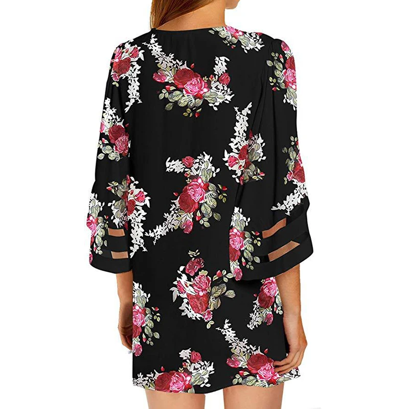 Summer Boho Holiday Plus Size 3XS-3XL Womens Floral Kimono Cardigan Top Female Casual Loose Mesh Shawl Bikini Cover Up Blouse