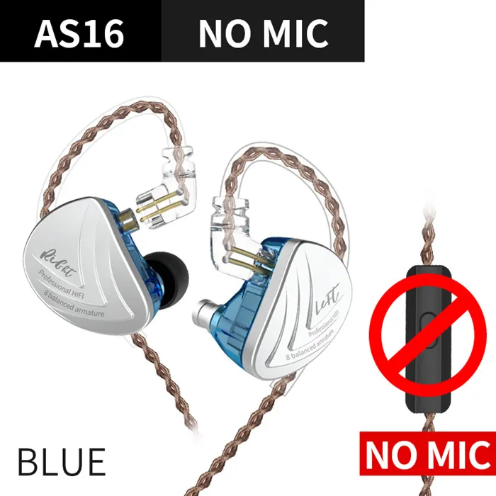KZ AS16 наушники 16BA с сбалансированным арматурным шумоподавлением, спортивные наушники-вкладыши, гарнитура для телефона, музыкальные игровые наушники - Цвет: Blue No Mic