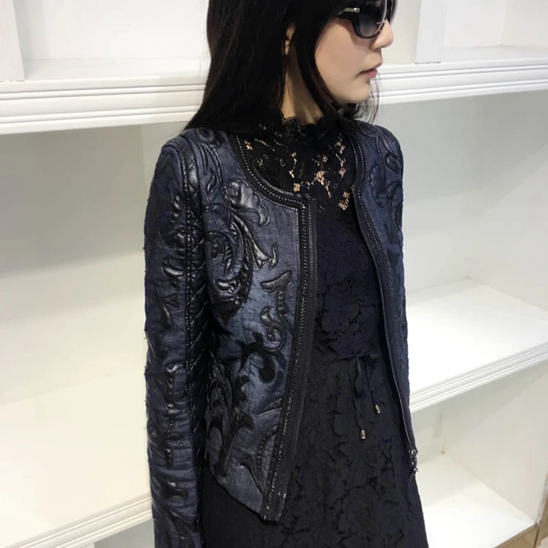 Cuir Cowboy Cou Courte Printemps Rétro Manteau Automne Veste Manteaux O Jean Show Lavé as As Mince Nouveau Denim Pilote Show Couture Femelle Pu Femmes Wvzc7qwnn