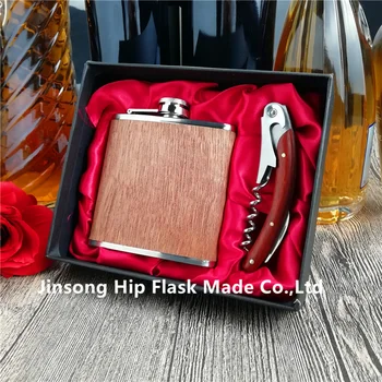 

2018 NEW 6 oz red wooden flask + wooden wine knife corkscrew wine opener wine corks in gift box set ,red silk