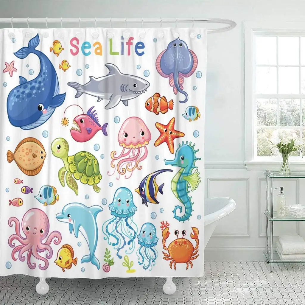 

Shower Curtain Colorful Turtle Sea Animal in Children's Style Cartoon Fish Cute Shark Starfish Ocean Decorative Bathroom