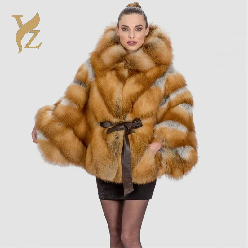 

Winter Women Fur Coat Real Red Fox Fur From Nature Fur Popular Batwing Sleeves With Warm Hoods Average Size Especially Women