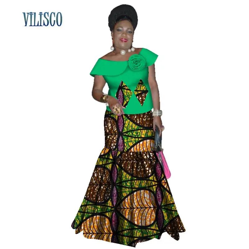 Bazin Riche, африканские топы с оборками и рукавами и юбки, комплекты для женщин, традиционный Африканский принт, 2 шт., комплекты юбок, одежда WY3059 - Цвет: 13