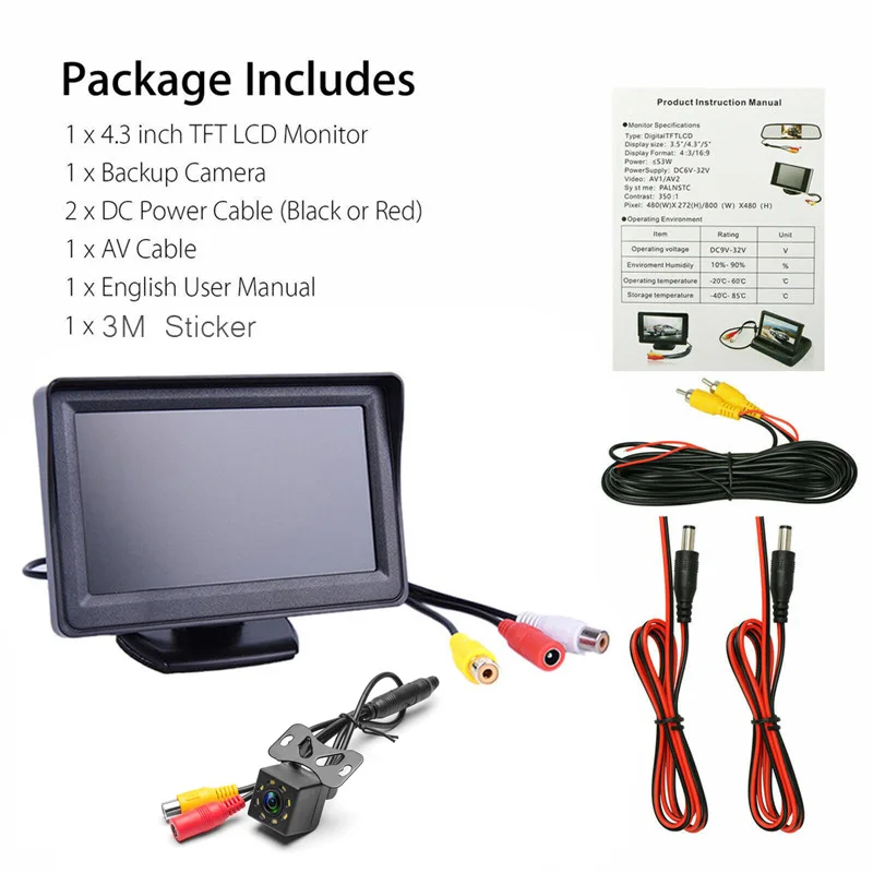 YuanTing Auto Backup Rear View Camera Night Vision Kit with 4.3" TFT LCD Car Monitor Screen Parking Assistance System DC 12V