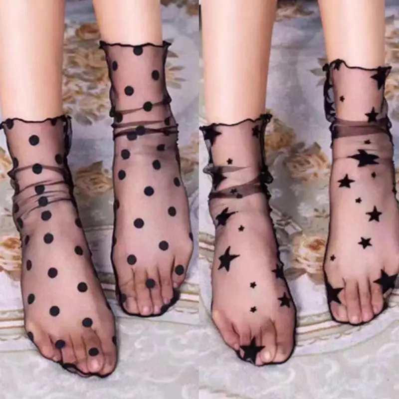 Шикарные женские блестящие носки со звездами Harajuku высокие эластичные Чулочные изделия Sox женские прозрачные сетчатые носки со звездами в снежную точку с милым принтом