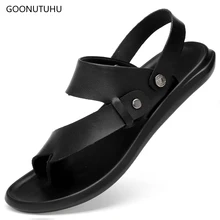 Новинка года; модные мужские сандалии; летняя повседневная обувь для мужчин; Молодежные Пляжные сандалии на платформе; мужская кожаная дышащая обувь; однотонная черная обувь