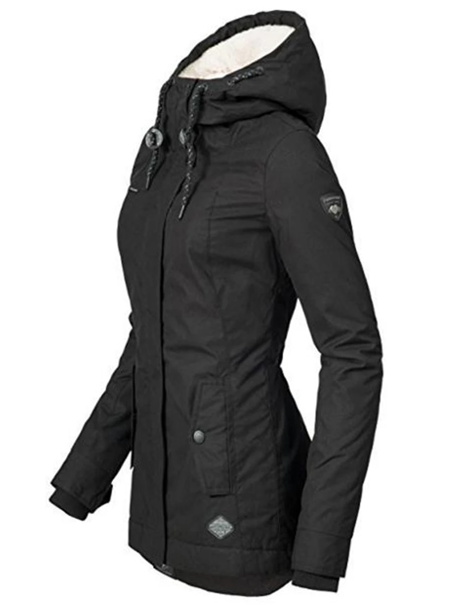 Women Jackets Casual Winter Warm Simple Black Gothic Slim Hooded Zipper Pocket Solid Coats OL Ladies Female Fashion Overcoats