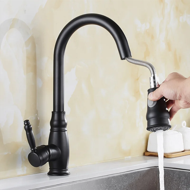 

360 Degrees Rotatable Pull Out Kitchen Faucet Black Single Handle Wash Basin Sink Mixer Tap Cold and Hot Water