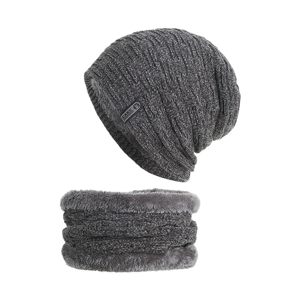 Комплект из 2 предметов, зимняя шапочка-шарф, теплая вязаная шляпа, толстая флисовая зимняя шапка и шарф, шапочки для мужчин# BL1 - Цвет: Серый