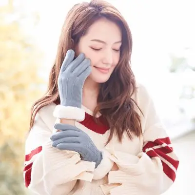 SUOGRY Модные женские замшевые перчатки для смартфона зимние женские теплые кашемировые перчатки с бантом - Цвет: Light cyan 2
