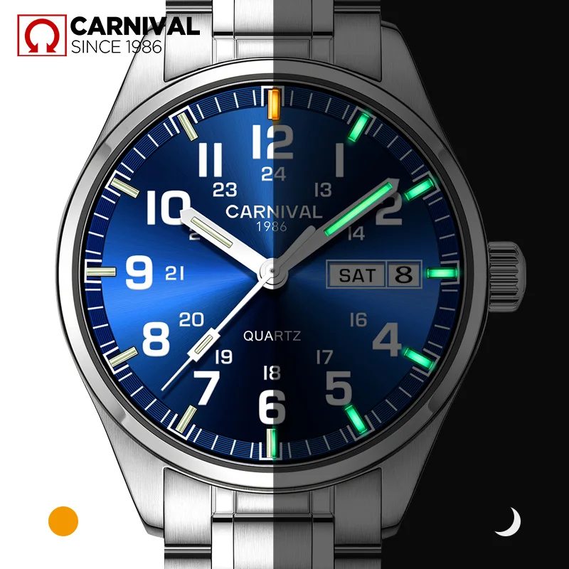 CARNIVAL New Fashion Tritium gas светящиеся часы мужские топ бренд Роскошные Кварцевые