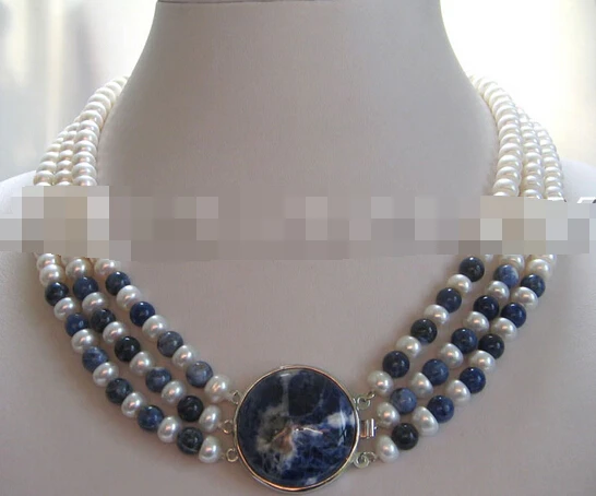 

huij 002315 3row 8mm white FW pearl and lapis lazuli necklace