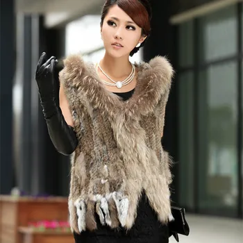 

TopFurMall Lady Genuine Knitted Rabbit Fur Vest Waistcoat Raccoon Fur Hoody Tassels Women Real Fur Gilet Outerwear LF4023